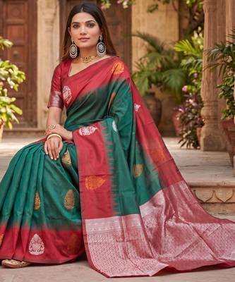 RED GREEN ART SILK JACUARD WORK SAREE WITH UNSTITCHED BLOUSE PIECE 2