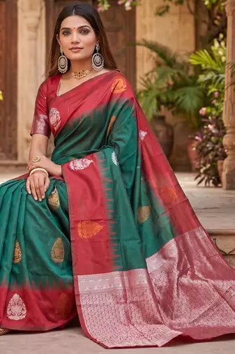 RED GREEN ART SILK JACUARD WORK SAREE WITH UNSTITCHED BLOUSE PIECE