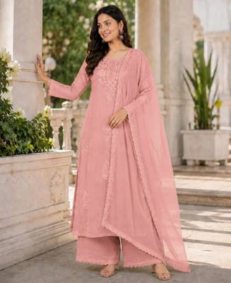 Pink faux georgette embroidered palazzo set 1