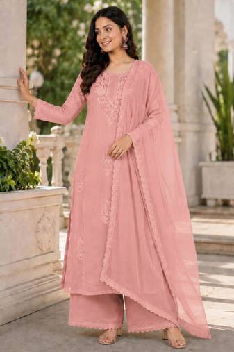 Pink faux georgette embroidered palazzo set