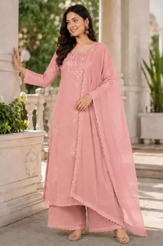 Pink faux georgette embroidered palazzo set