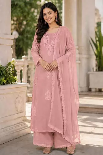 Pink faux georgette embroidered palazzo set