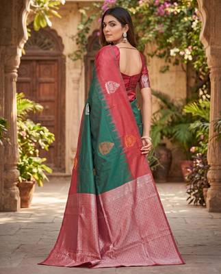 RED GREEN ART SILK JACUARD WORK SAREE WITH UNSTITCHED BLOUSE PIECE 3