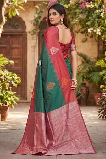 RED GREEN ART SILK JACUARD WORK SAREE WITH UNSTITCHED BLOUSE PIECE