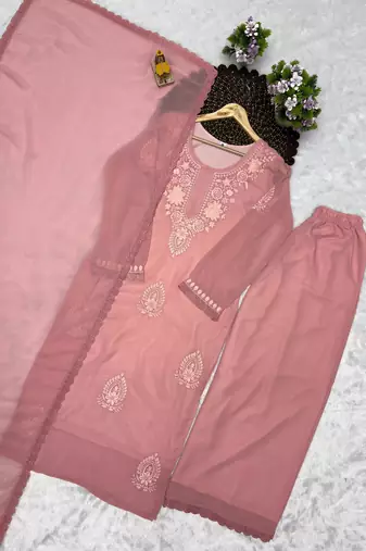 Pink faux georgette embroidered palazzo set