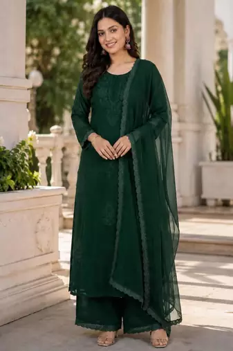 Dark-green faux georgette embroidered palazzo set