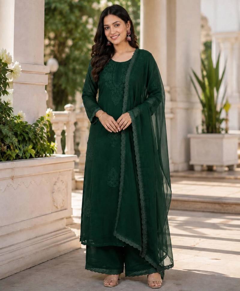 Dark-green faux georgette embroidered palazzo set
