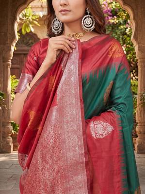 RED GREEN ART SILK JACUARD WORK SAREE WITH UNSTITCHED BLOUSE PIECE 4