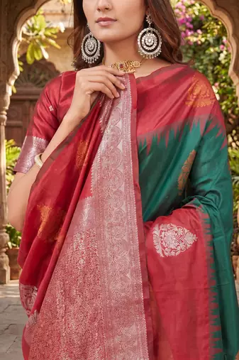 RED GREEN ART SILK JACUARD WORK SAREE WITH UNSTITCHED BLOUSE PIECE