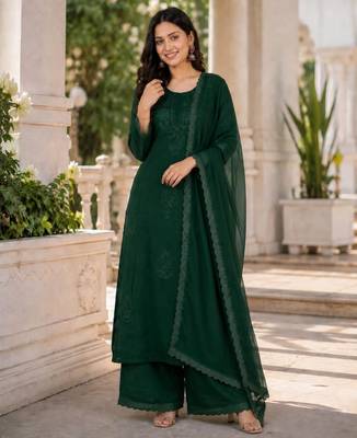 Dark-green faux georgette embroidered palazzo set 2