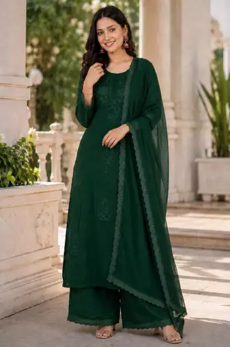 Dark-green faux georgette embroidered palazzo set