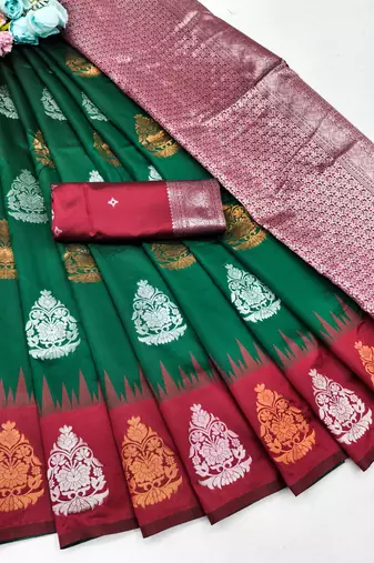 RED GREEN ART SILK JACUARD WORK SAREE WITH UNSTITCHED BLOUSE PIECE