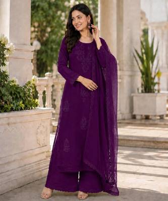 Purple faux georgette embroidered palazzo set 1
