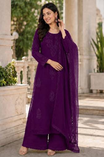 Purple faux georgette embroidered palazzo set