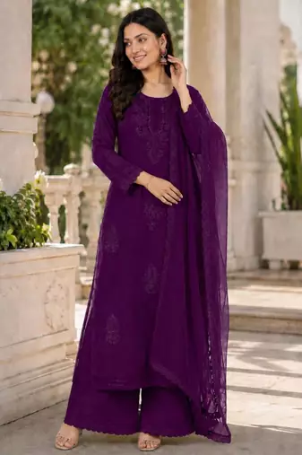 Purple faux georgette embroidered palazzo set