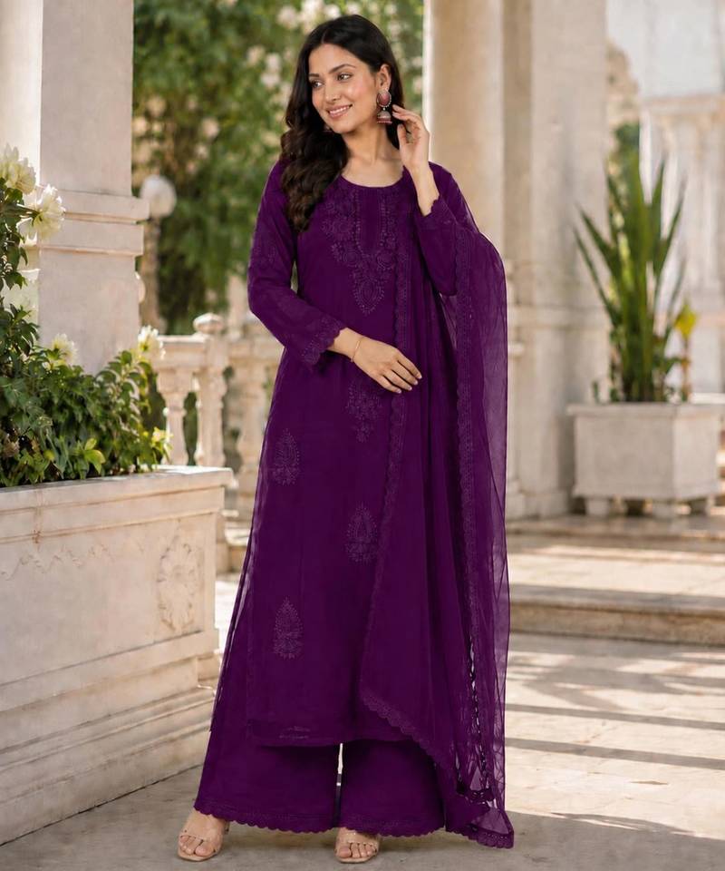 Purple faux georgette embroidered palazzo set