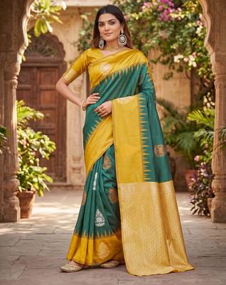 YELLOW GREEN ART SILK JACUARD WORK SAREE WITH UNSTITCHED BLOUSE PIECE 1