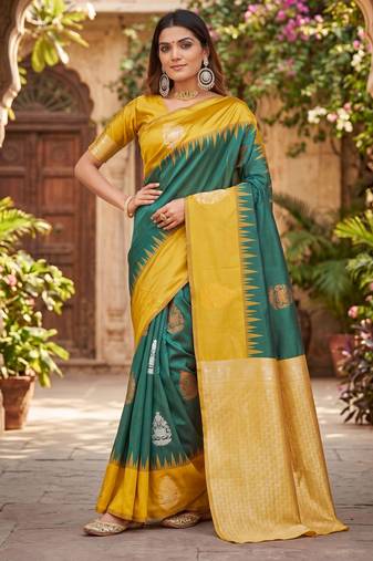 YELLOW GREEN ART SILK JACUARD WORK SAREE WITH UNSTITCHED BLOUSE PIECE