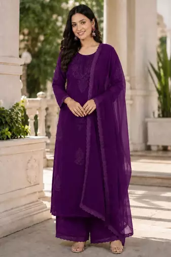 Purple faux georgette embroidered palazzo set