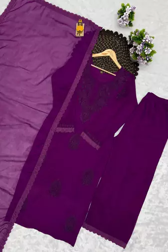 Purple faux georgette embroidered palazzo set