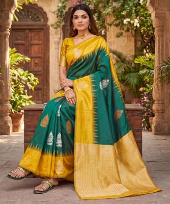 YELLOW GREEN ART SILK JACUARD WORK SAREE WITH UNSTITCHED BLOUSE PIECE 2