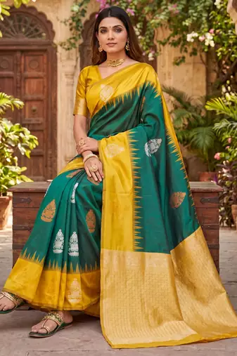 YELLOW GREEN ART SILK JACUARD WORK SAREE WITH UNSTITCHED BLOUSE PIECE