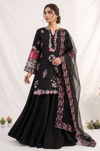 Black silk blend embroidered palazzo set