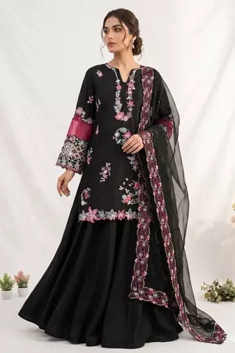 Black silk blend embroidered palazzo set