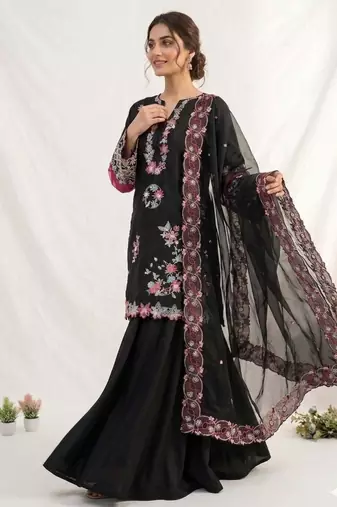 Black silk blend embroidered palazzo set