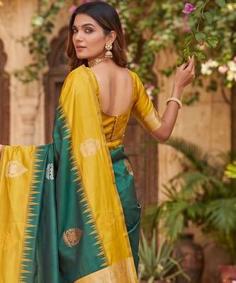 YELLOW GREEN ART SILK JACUARD WORK SAREE WITH UNSTITCHED BLOUSE PIECE 3