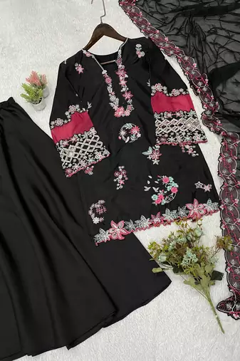 Black silk blend embroidered palazzo set