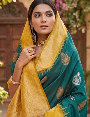 YELLOW GREEN ART SILK JACUARD WORK SAREE WITH UNSTITCHED BLOUSE PIECE 4