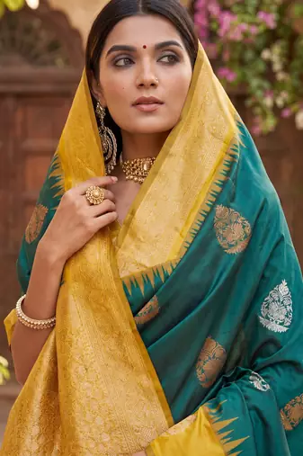 YELLOW GREEN ART SILK JACUARD WORK SAREE WITH UNSTITCHED BLOUSE PIECE