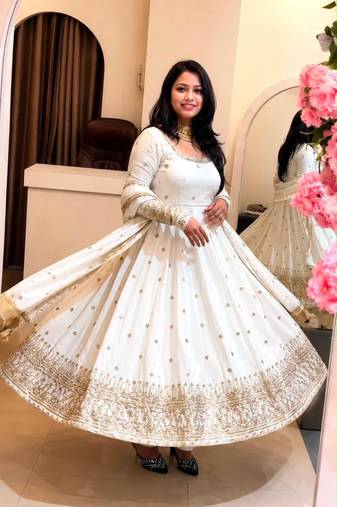 White silk blend embroidered flared gown set