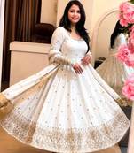 White silk blend embroidered flared gown set
