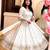 White silk blend embroidered flared gown set