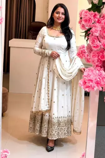 White silk blend embroidered flared gown set