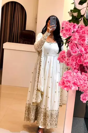 White silk blend embroidered flared gown set