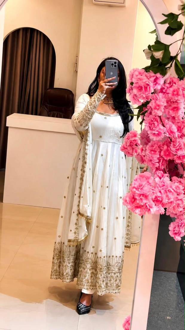 White silk blend embroidered flared gown set