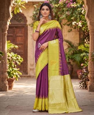 YELLOW WINE ART SILK JACUARD WORK SAREE WITH UNSTITCHED BLOUSE PIECE 1