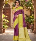 YELLOW WINE ART SILK JACUARD WORK SAREE WITH UNSTITCHED BLOUSE PIECE