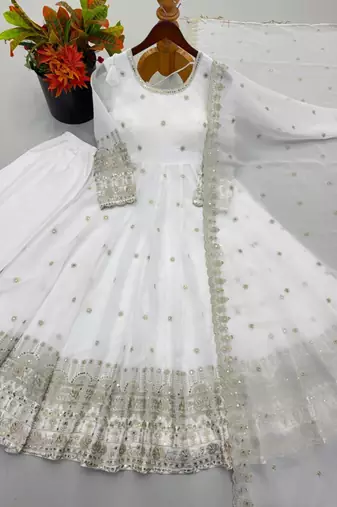 White silk blend embroidered flared gown set