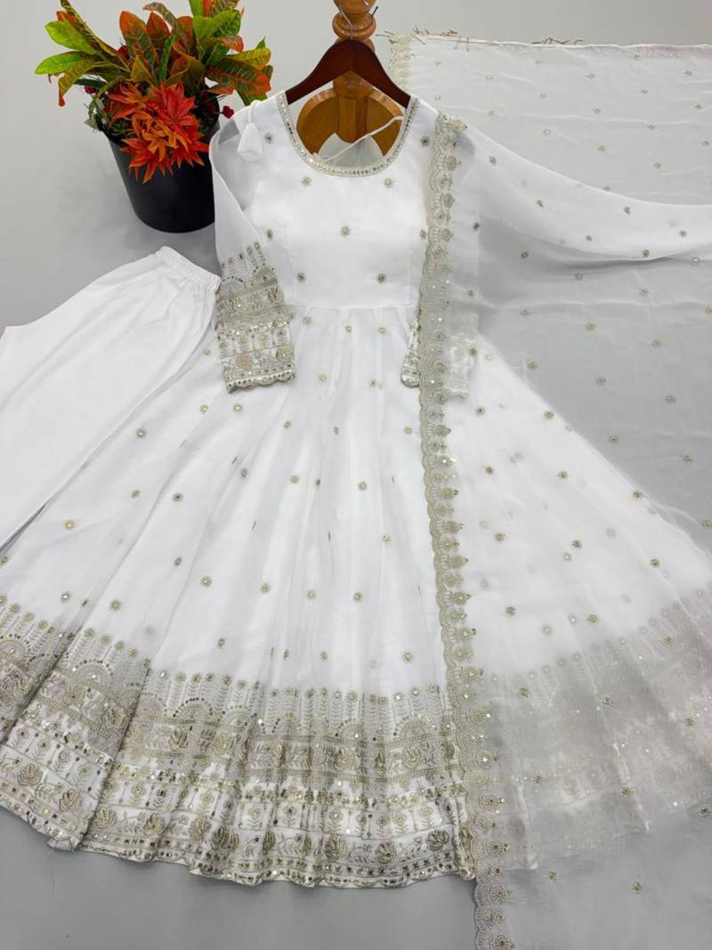 White silk blend embroidered flared gown set