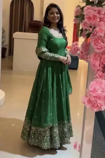 Dark-green silk blend embroidered flared gown set