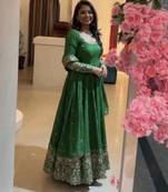 Dark-green silk blend embroidered flared gown set