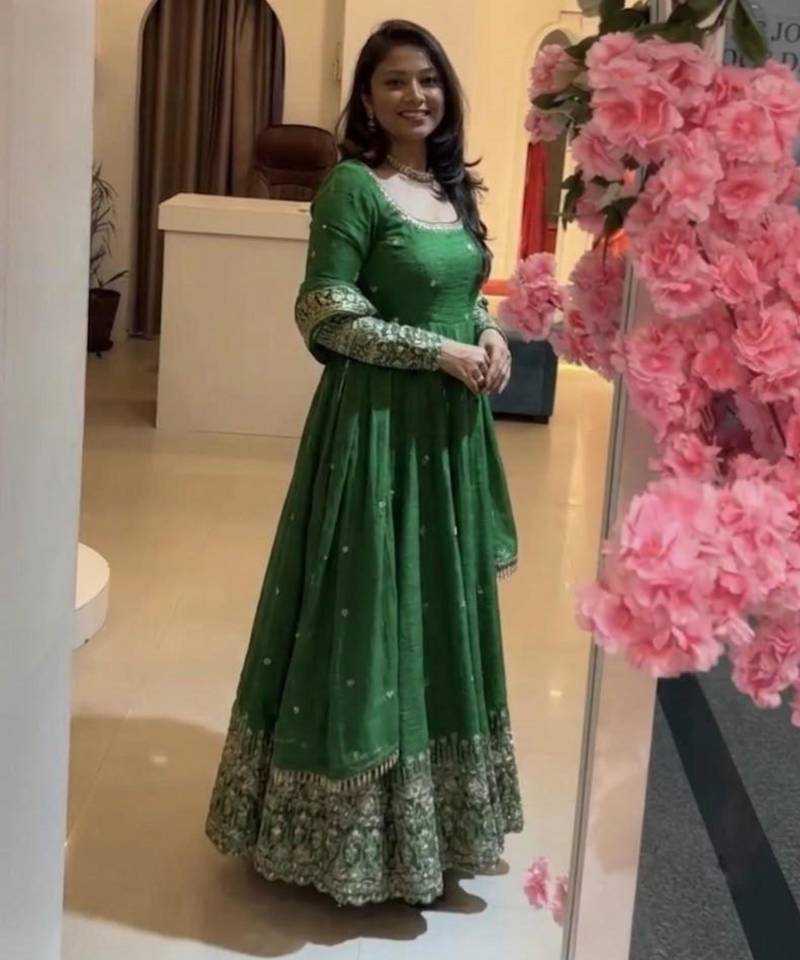 Dark-green silk blend embroidered flared gown set