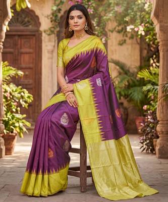 YELLOW WINE ART SILK JACUARD WORK SAREE WITH UNSTITCHED BLOUSE PIECE 2