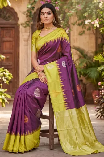 YELLOW WINE ART SILK JACUARD WORK SAREE WITH UNSTITCHED BLOUSE PIECE