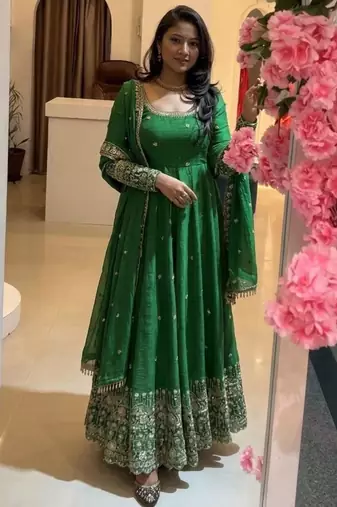 Dark-green silk blend embroidered flared gown set