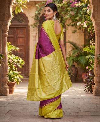 YELLOW WINE ART SILK JACUARD WORK SAREE WITH UNSTITCHED BLOUSE PIECE 3